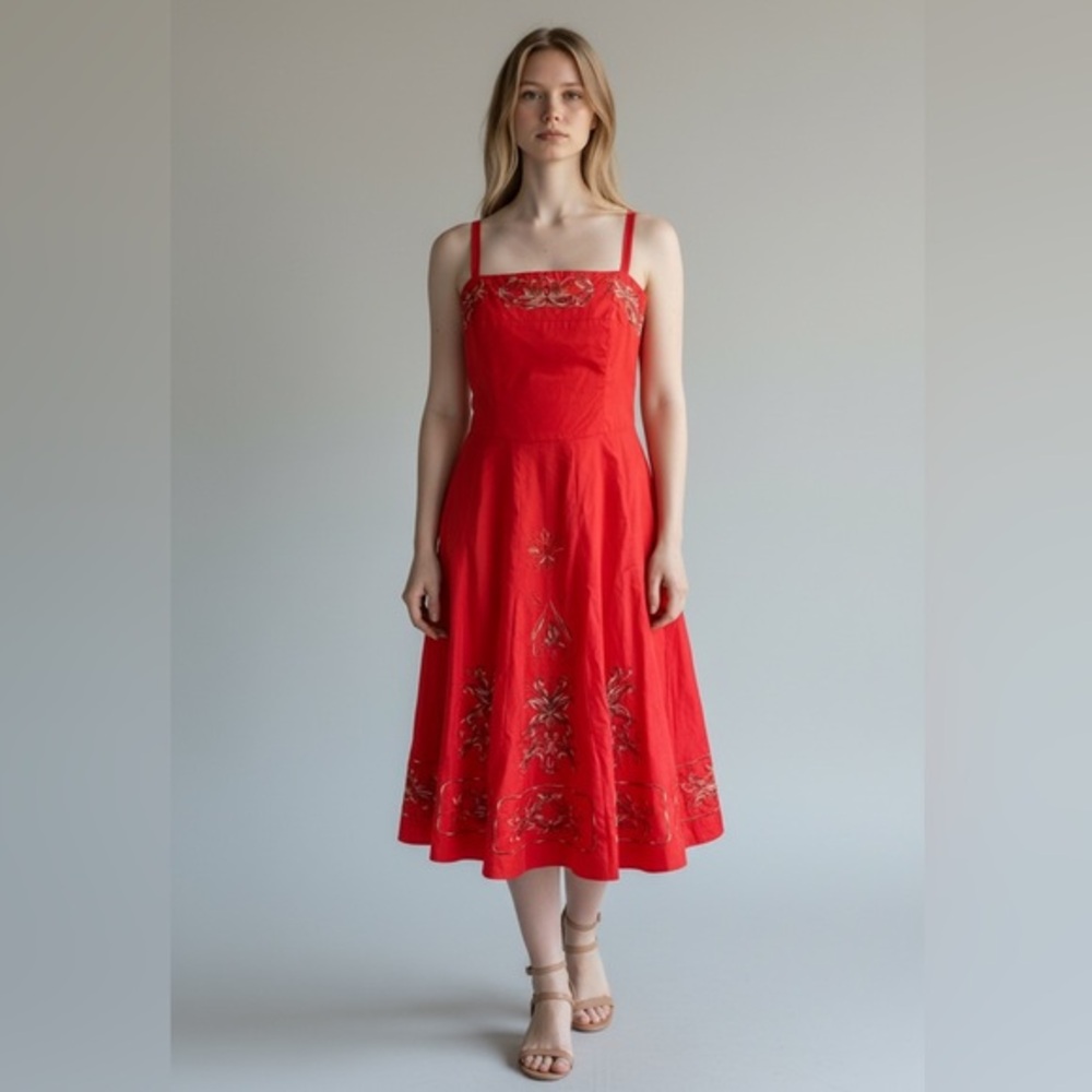 Vintage Y2K Robbie Bee Red Embroidered Midi Dress With Removable Braid Belt 6